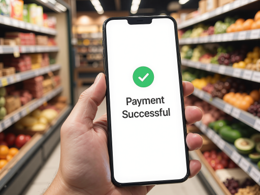 移动支付界面设计，手机屏幕显示支付金额，绿色勾选标记，简洁白色背景，现代金融应用风格