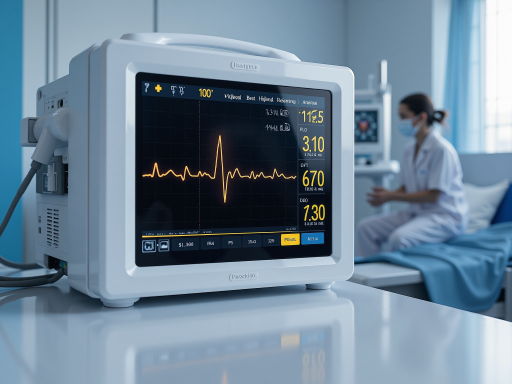 医疗健康应用界面，心电图波形显示，蓝色科技背景，医疗设备图标，现代医疗科技设计风格